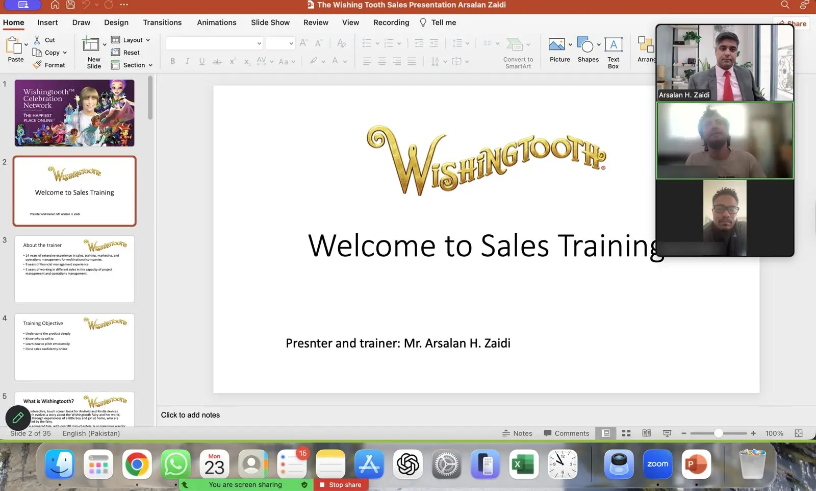 Arsalan opening a sales training session on a video call